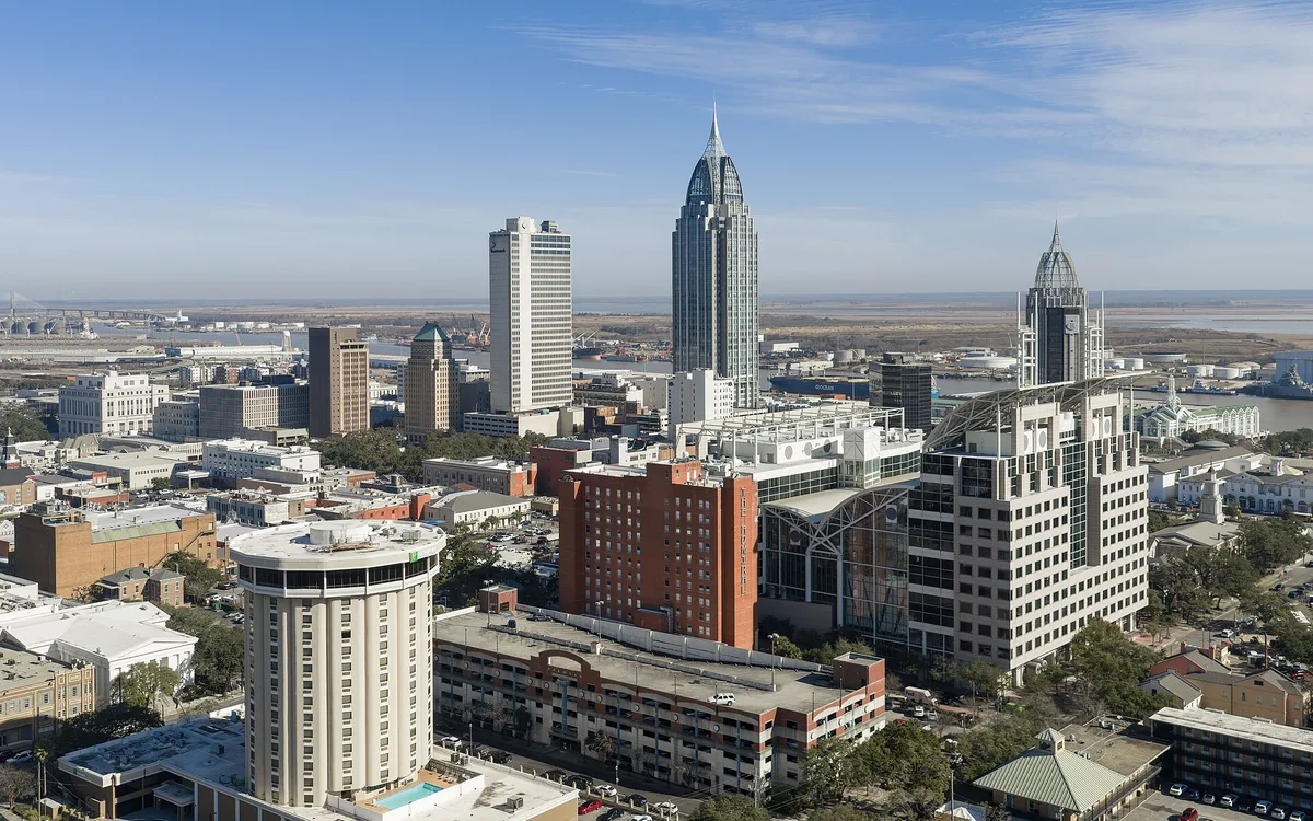 Downtown Mobile, Alabama skyline along the Mobile River