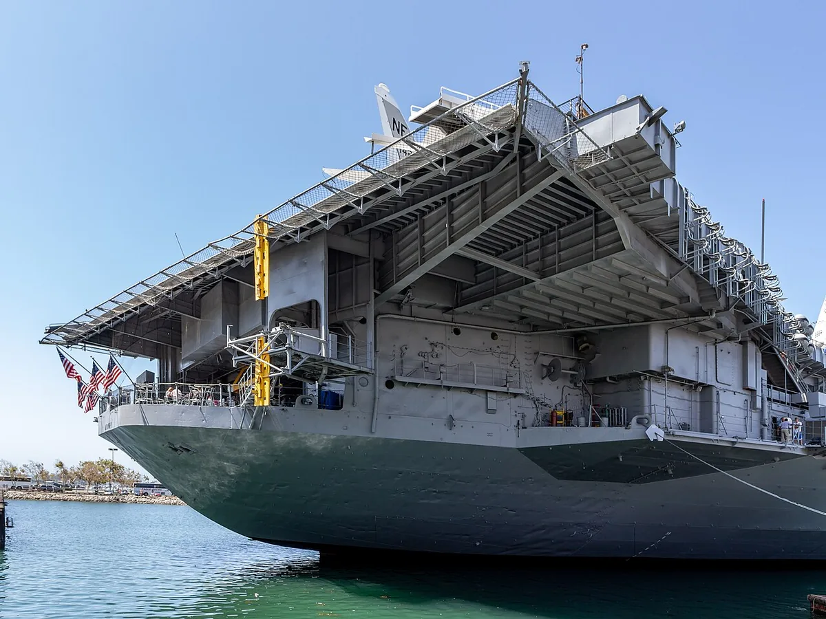 The aircraft carrier USS Midway docked at its museum berth on the San Diego waterfront