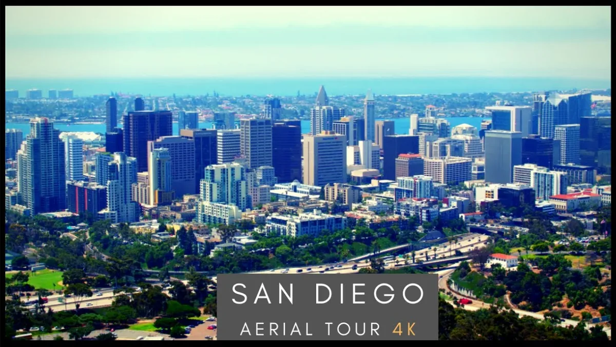 Aerial view of the downtown San Diego skyline with the bay and Coronado behind