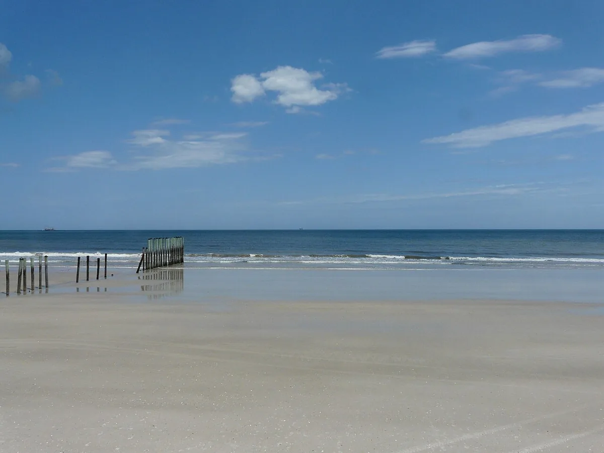 The wide sandy beach at Kathryn Abbey Hanna Park in Jacksonville with old pier poles in the surf