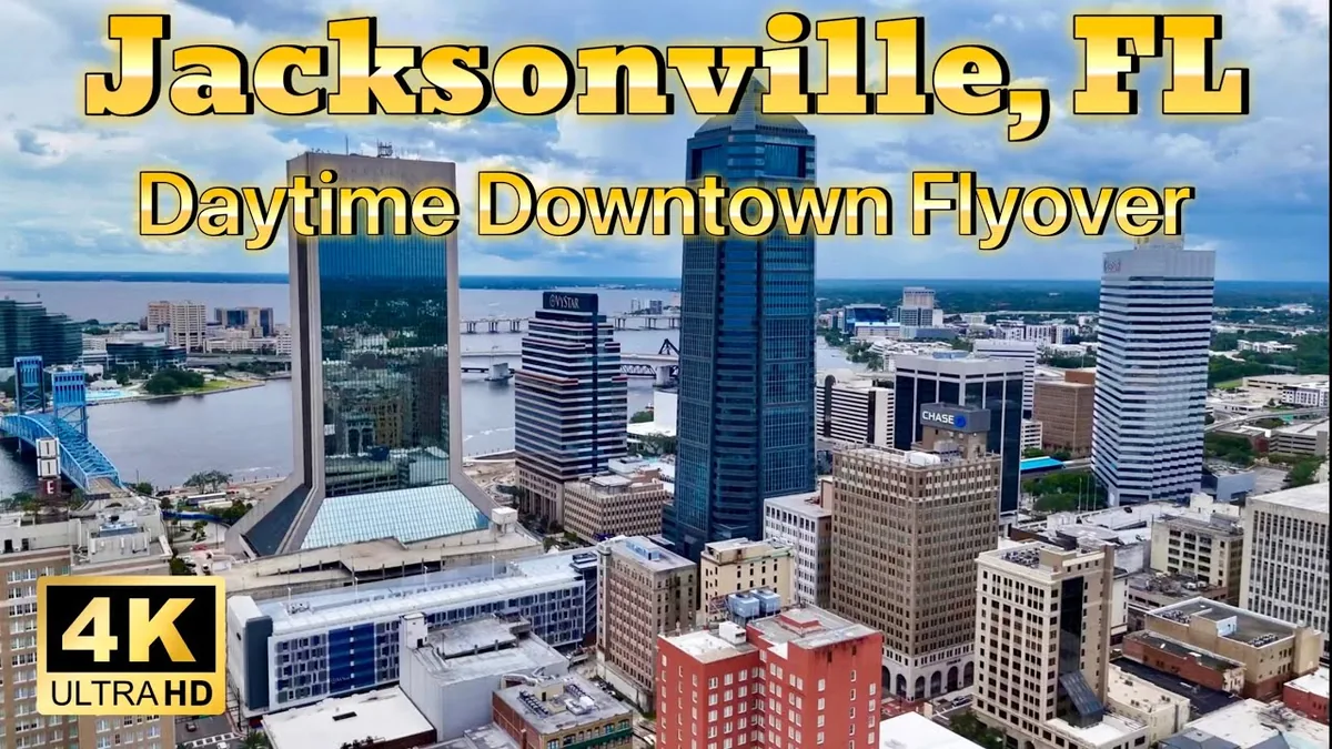 Aerial view of downtown Jacksonville skyscrapers and the St. Johns River