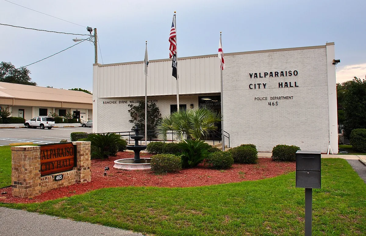 Valparaiso, Florida City Hall with its brick sign and flags
