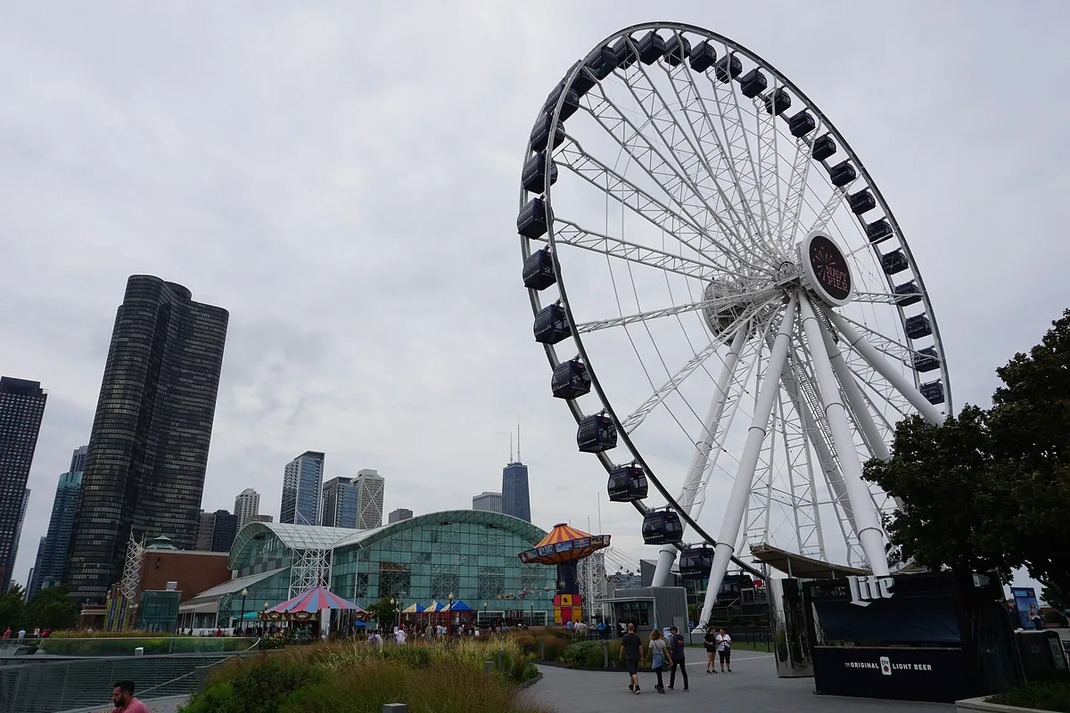 The Centennial Wheel at Navy Pier with Lake Point Tower and the Chicago skyline in the background