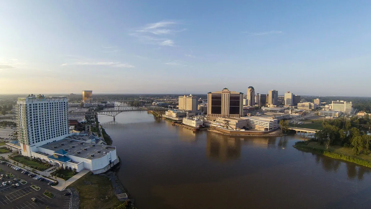 The Shreveport and Bossier City skyline over the Red River