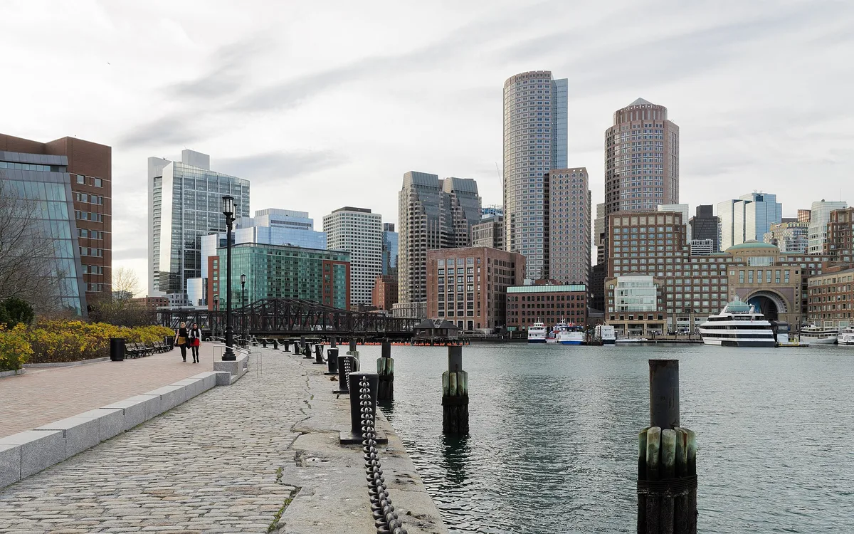 The Boston skyline seen from Fan Pier Park in South Boston
