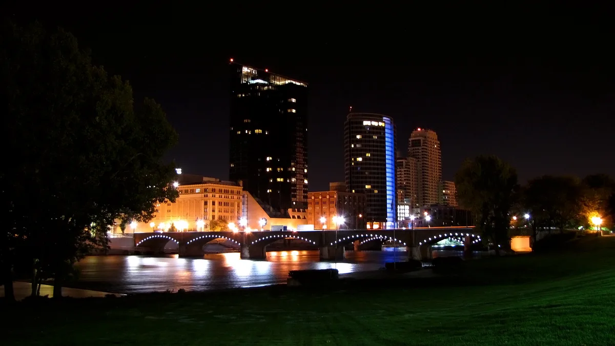 The Grand Rapids, Michigan skyline at night from the Gerald R. Ford Museum grounds