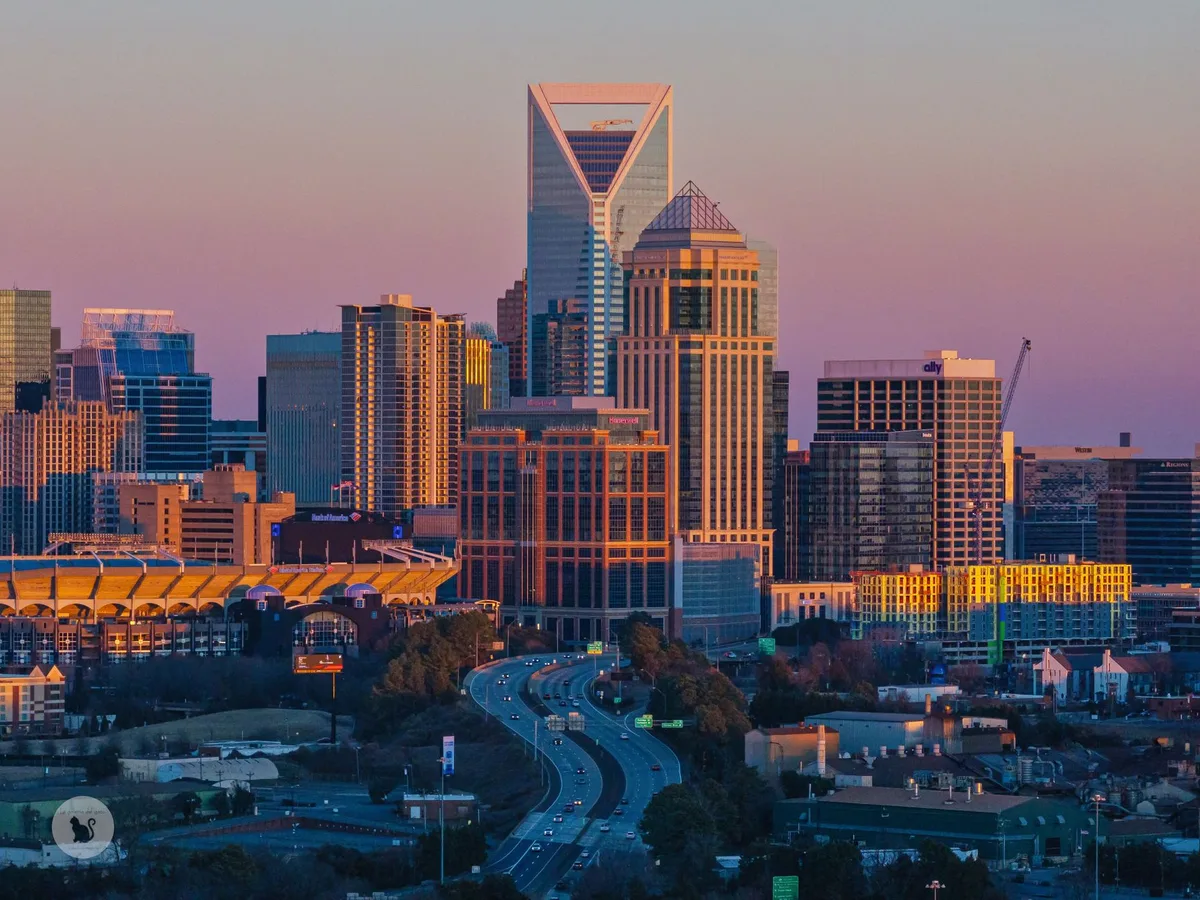 The Charlotte, North Carolina skyline at sunset