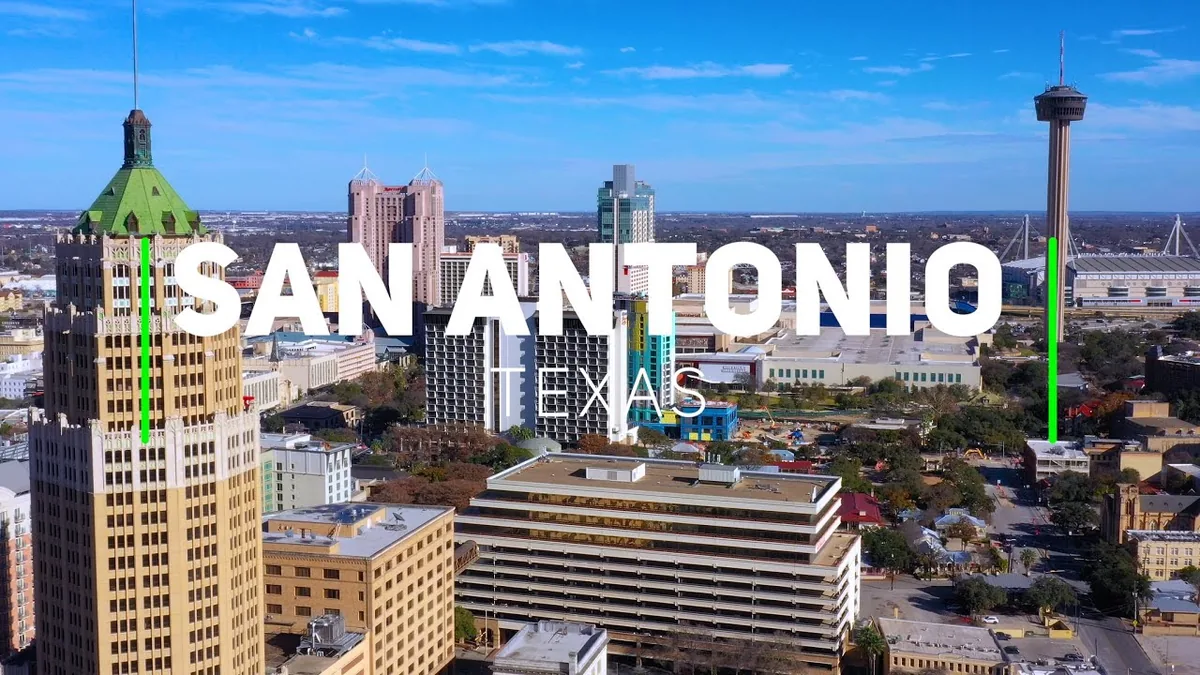 Aerial view of downtown San Antonio with the Tower of the Americas