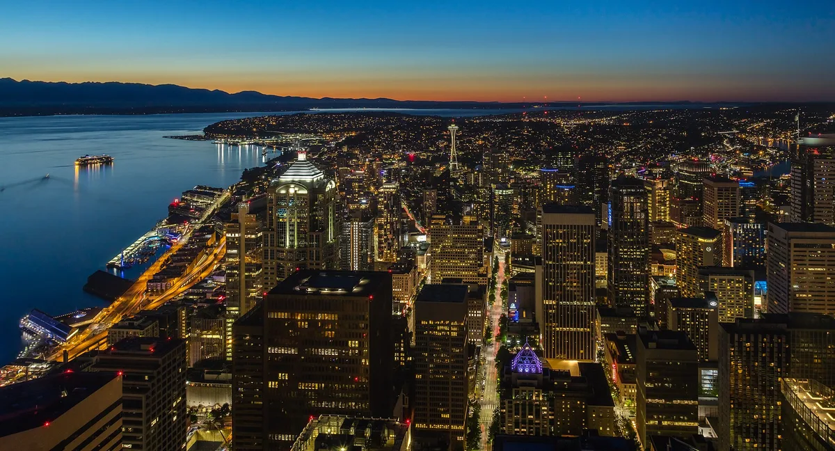 The Seattle skyline just after sunset, seen from the Columbia Center
