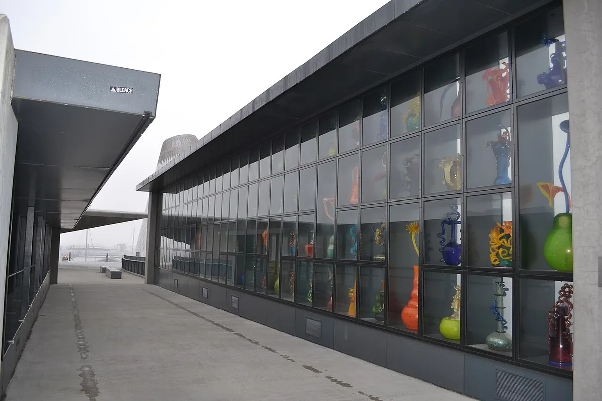 Colorful Chihuly glass pieces in the Venetian Wall along the Bridge of Glass at the Museum of Glass in Tacoma