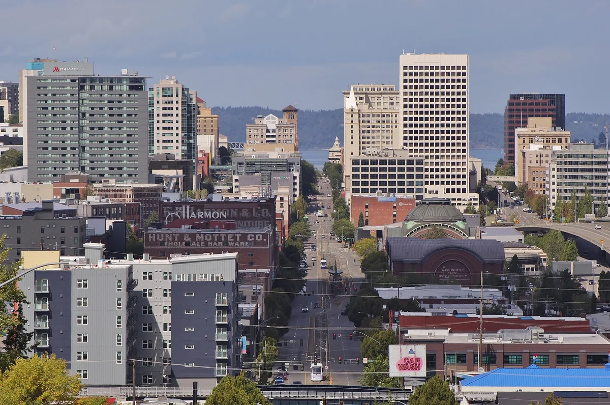 The downtown Tacoma, Washington skyline looking down Pacific Avenue