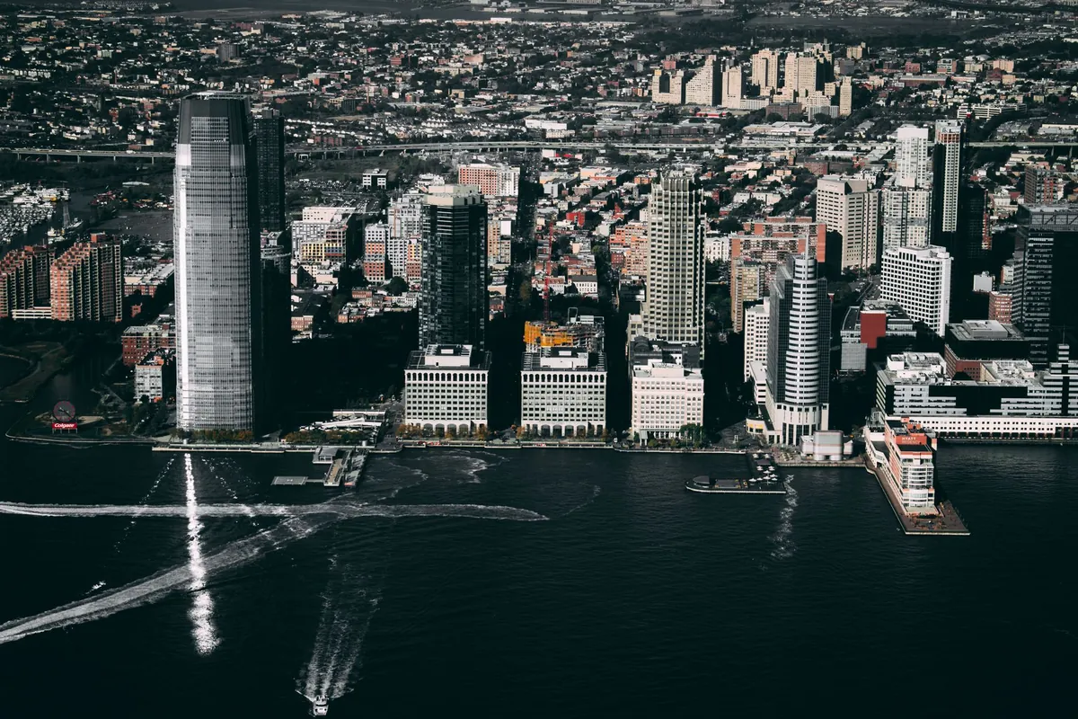 Aerial view of the Jersey City waterfront and skyline along the Hudson River