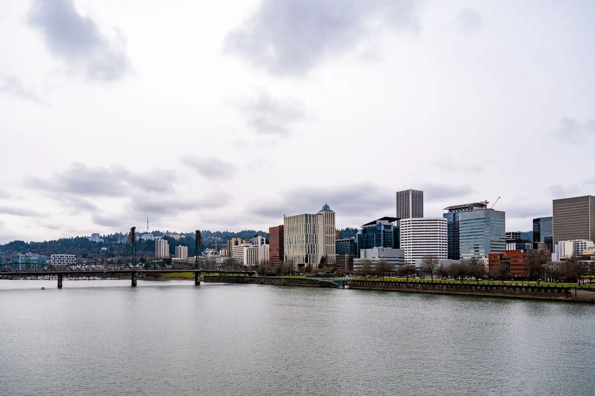 Portland's skyline and bridges seen from the Willamette River
