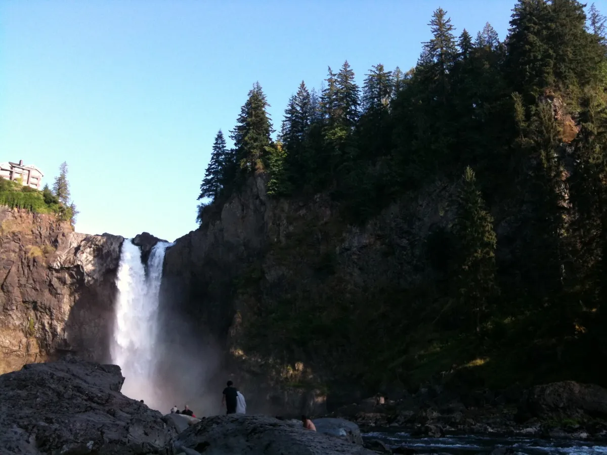 Snoqualmie Falls dropping into its gorge below the lodge, east of Seattle