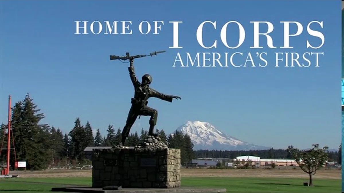 The I Corps monument at Joint Base Lewis-McChord with Mount Rainier behind it